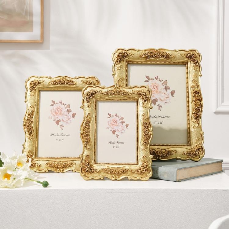 Antique Resin Wall Art Tabletop Golden Photo Frame Intricate Florals Embossed Picture Frame with Glass Front Home Decors