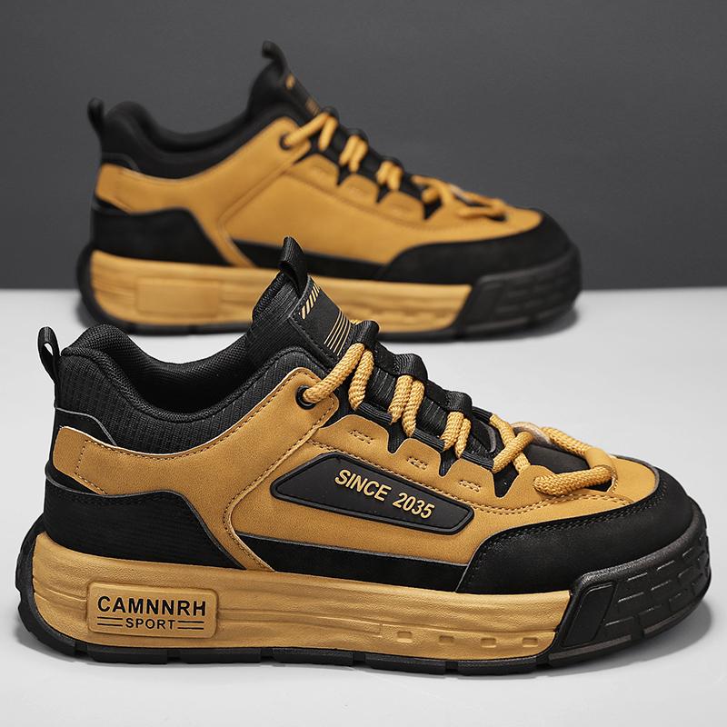 Men's shoes autumn 2024 new Korean version of men's sports and leisure trend versatile leather surface non-slip thick sole heightening board shoes