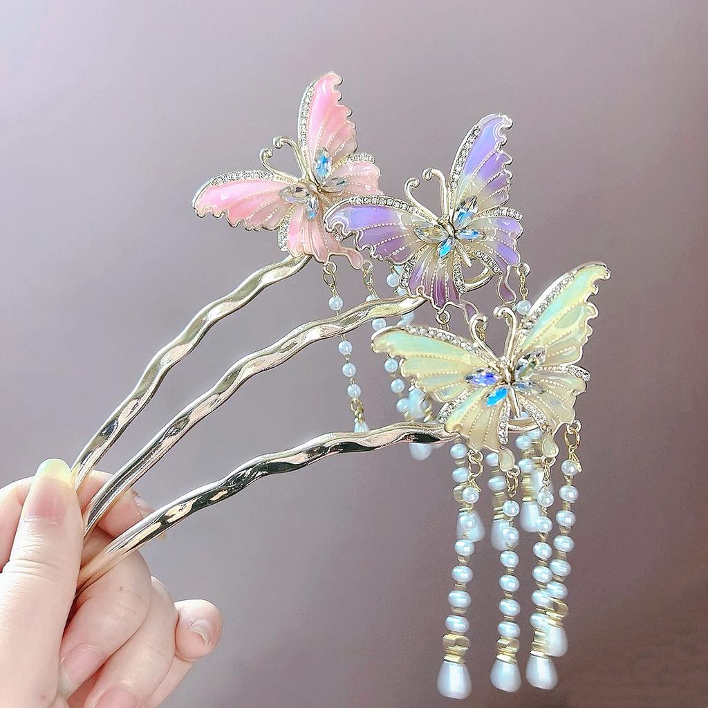 Sweet diamond-encrusted butterfly hairpin, high-end metal hairpin, new Chinese pearl fringed walking, ancient soft hairpin