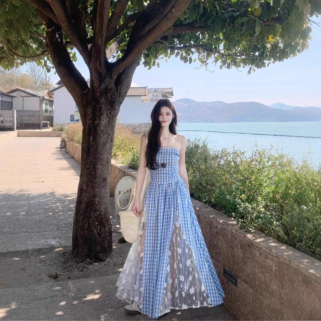 French Summer Plaid Retro Tube Top Dress Temperament New Waist Splicing Skirt Slim Long Skirt