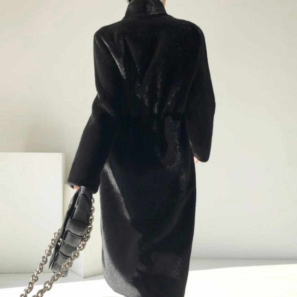 Winter Lang Schwarz Luxuriös Elegant Stilvoll Dick Warm Flauschig Zottelig Weich Faux Nerz Pelzmantel Damen Stehkragen Schärpen