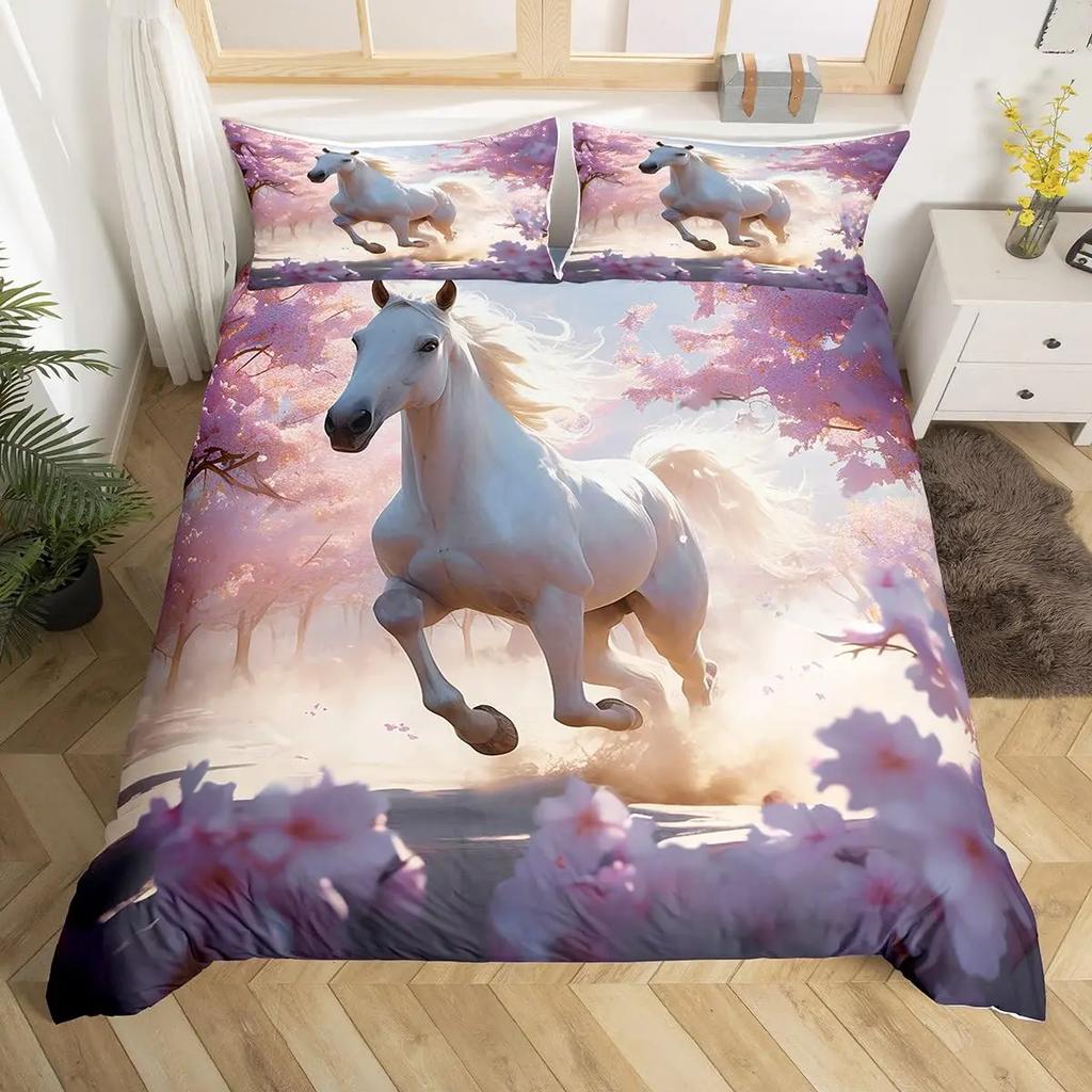 Cherry Blossom Horse Comforter Cover Twin for Kids Boys, Wild Animal Bedding Set Galloping Horse Duvet Cover with 2 Pillowcase