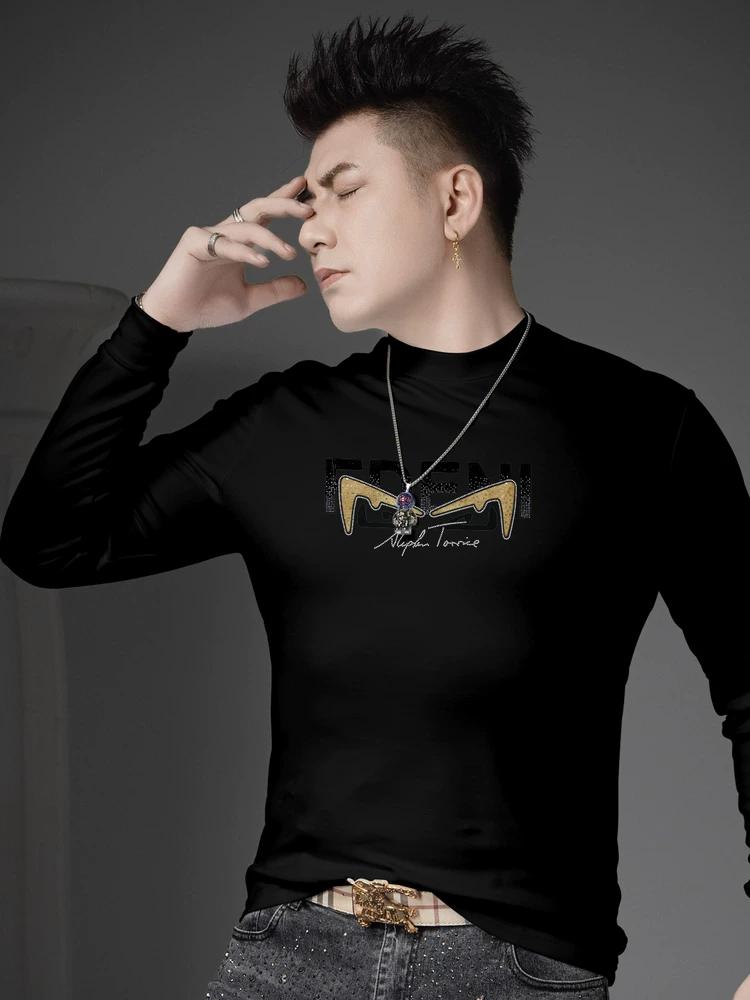 

European-Style Long-Sleeve T-Shirt for Men, 2025 Autumn New Fashion Brand Rhinestone Half-High Collar Base Shirt, Men s Casual Top 4XL чёрный