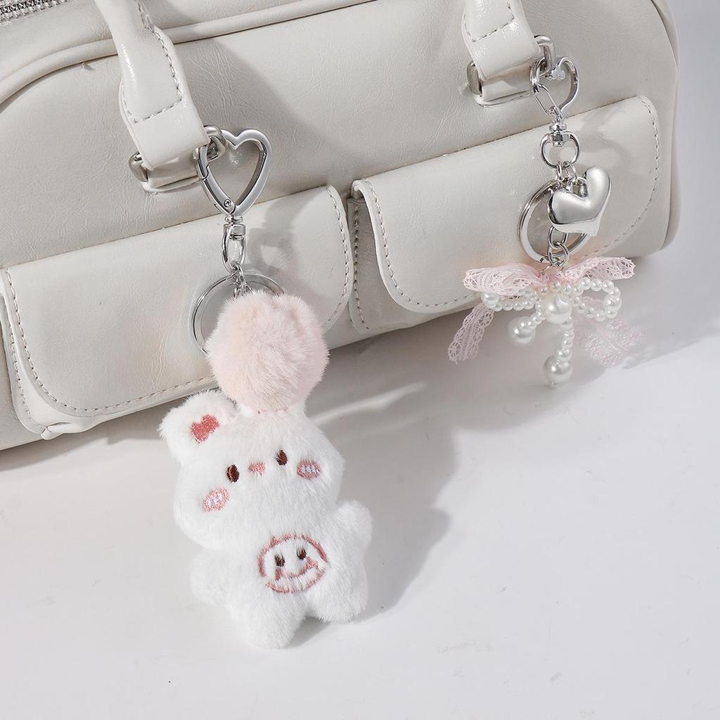 Charming DIY Pearl Lace Bow Heart Pompon Rabbit Keychain Bag Charm