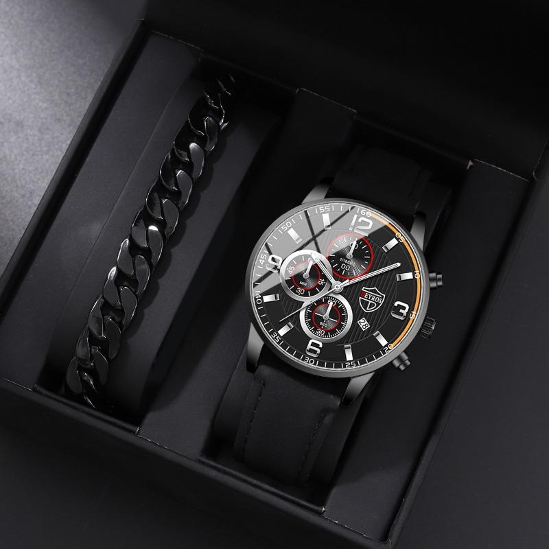 2PCS/Set DEYROS Luxury Men's Watch Fashion Men's Leather Strap Calendar Watch Casual Men's Quartz Watch Father's Day Gift