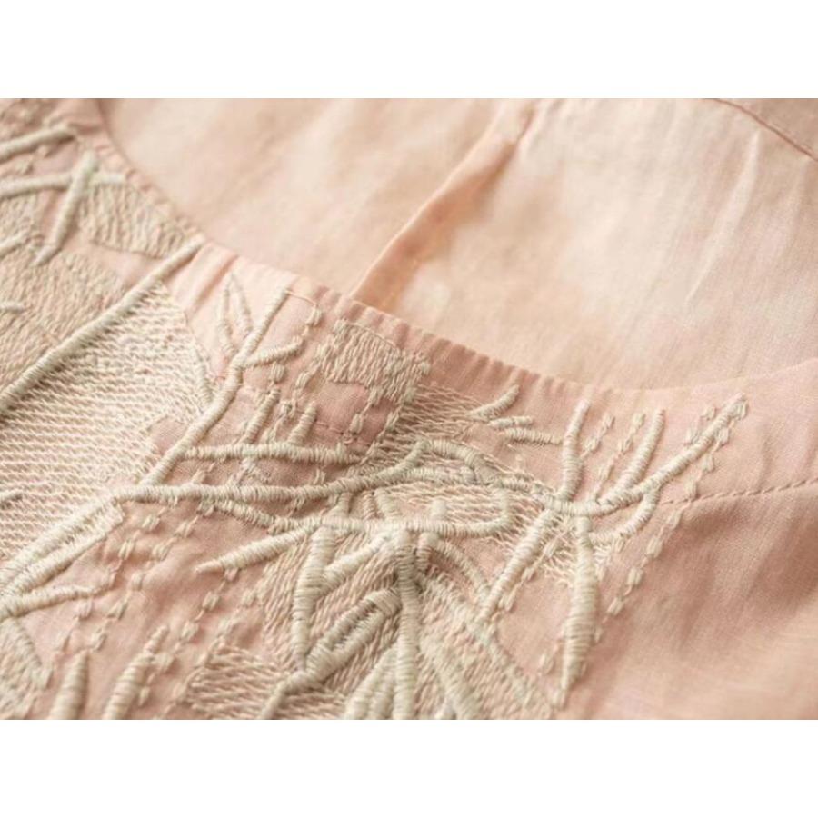 Cotton Linen Blouse Summer Retro Casual Embroidery Shirt Women's Top Short Sleeve Round Neck Blouses