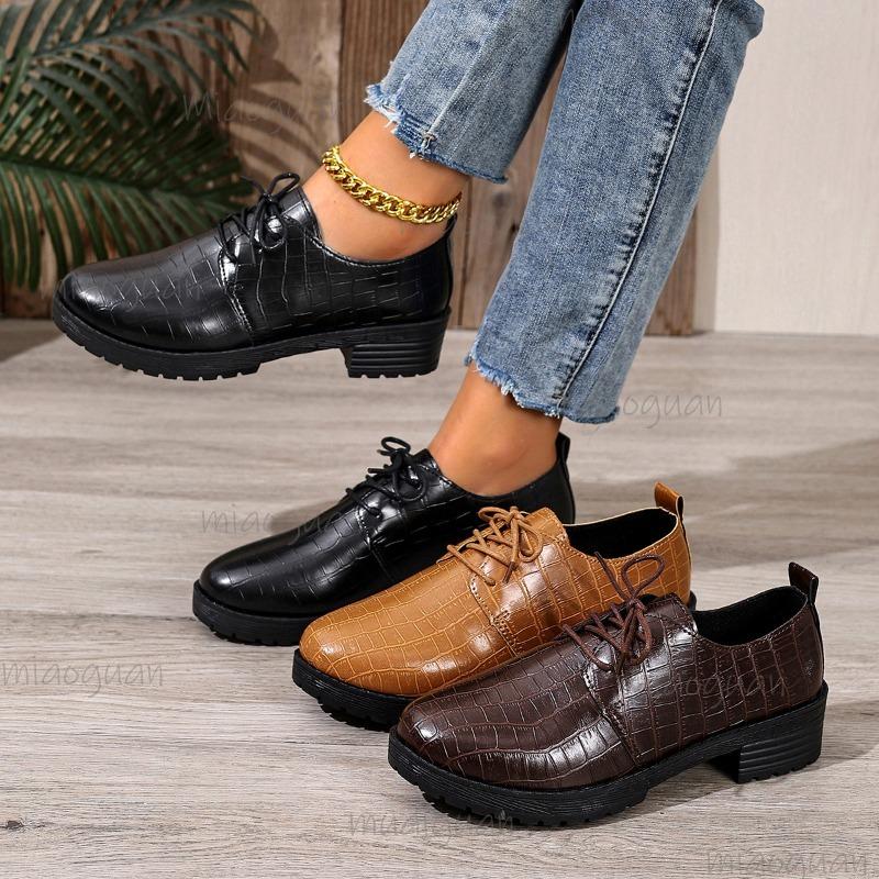 Retro Lace Up Low Top Shoes for Women Autumn 2025 New British Style PU Leather Size 36-43 Mid Heeled Loafers Zapatos De Mujer