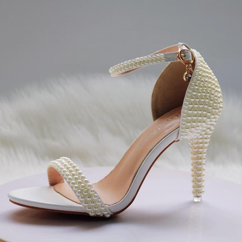 High Heel Sandals White One-liner Buckle Shoes Thin Heel Fish Mouth Roman Sandals White Pearl Sandals