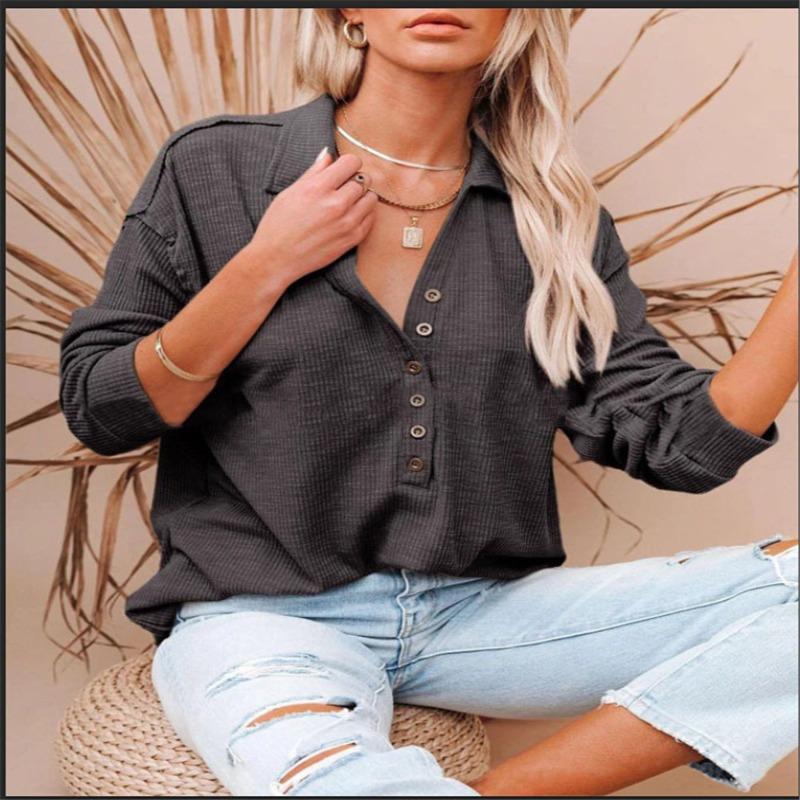 JPNTKY Women's Fashion Casual Solid Color Print Long Sleeve POLO Neck Blouses & Shirts