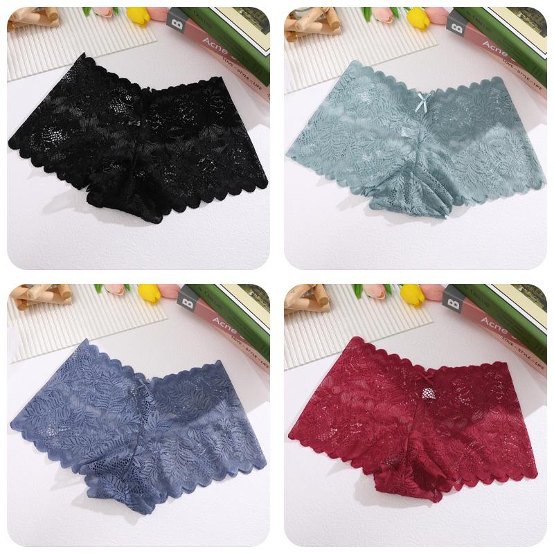 4 Stück/SET Damen Spitzen Hollow Out Boyshorts Unterwäsche Sexy Blumendruck Slips Weiblich Niedrige Taille Perspektive Lingerie Boxershorts