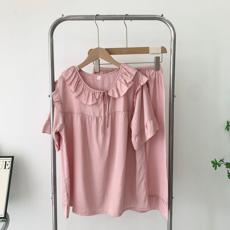 

2025 New Arrival Court Style Pajamas Two-piece Set Tencel Cotton Home Wear Short Sleeve Cropped Pants Sweet Fancy Baby Collar Pink XL