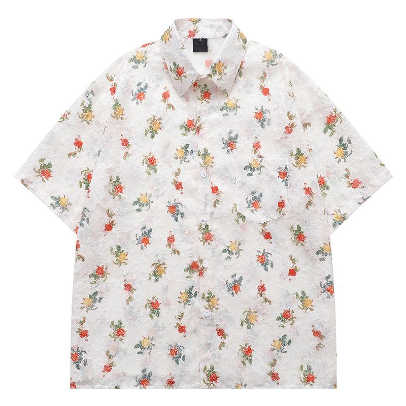 Camisa de manga curta com lapela floral damasco, temperamento simples retrô, design estilo Hong Kong, para homens e mulheres, para parecerem magros no verão
