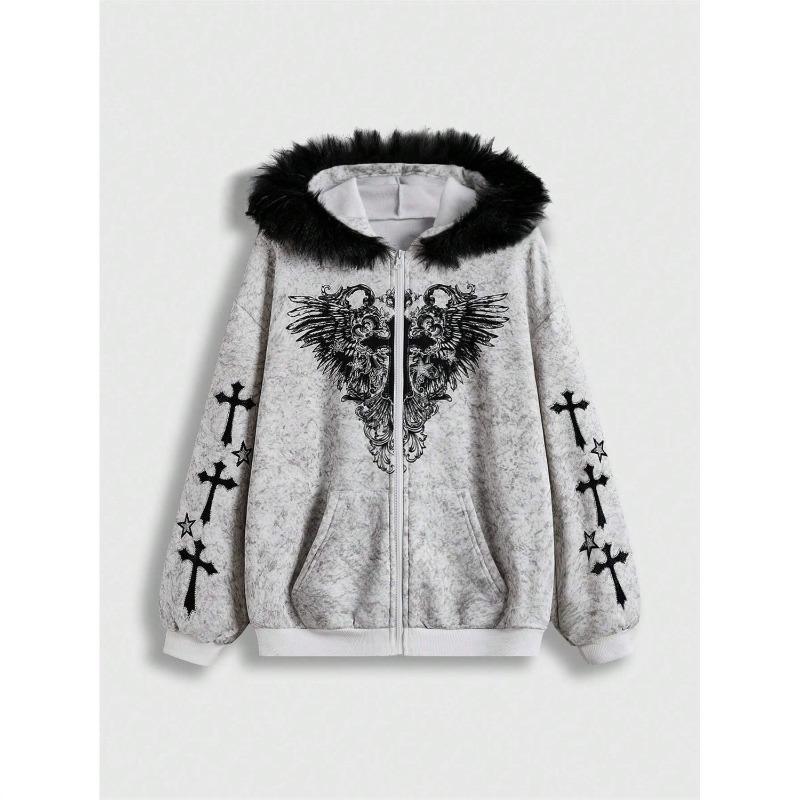 Abrigo con Capucha de Viento Oscuro Otoño e Invierno con Ala Cruzada y Cuello Grande de Piel para Mujer Y2K Gótico Hip Hop Cremallera Vieja Suéter