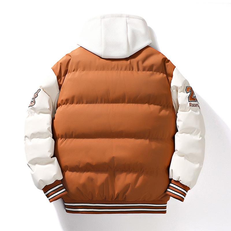 Herren Parka Baumwollwattierte Jacke Kapuze Buchstabenstickerei Reißverschlusstaschen Kältefest Oberbekleidung Herrenmantel Streetwear