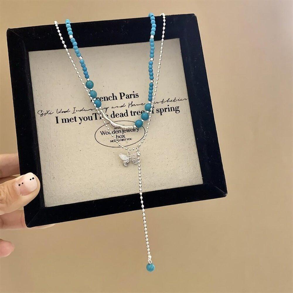 

Women s Turquoise Bead Butterfly Double Layered Necklace