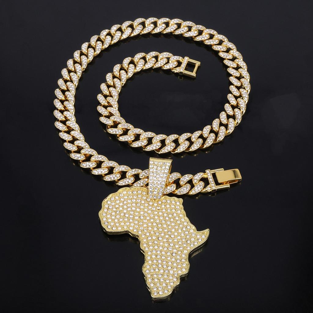 Unisex Trendy Hip Hop Rap Alloy Necklace Cool Map Inlaid Diamond Pendant Fashion Street Style Accessories