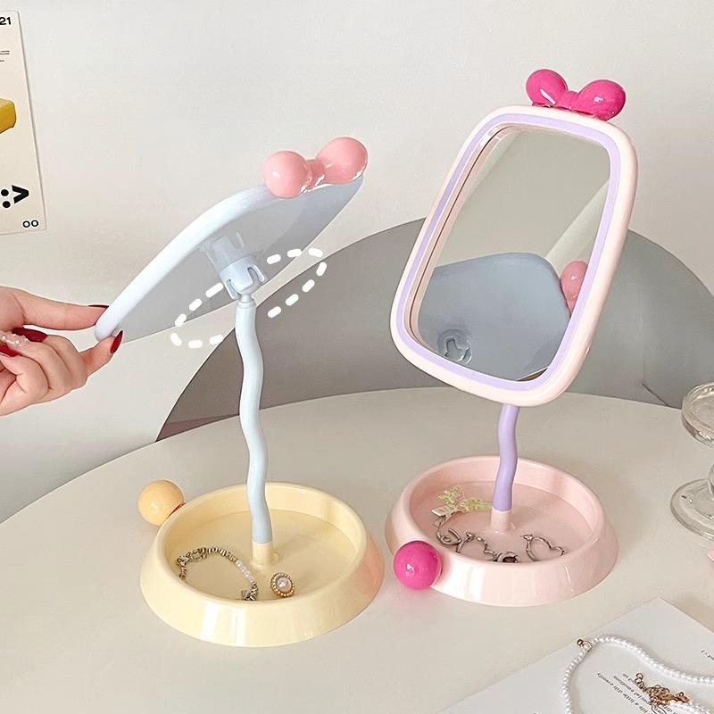 Cute Multifunctional Makeup Mirror with Jewelry Storage Tray Student Dormitory Standing Mirrors Phone Holder Korean Style 2025