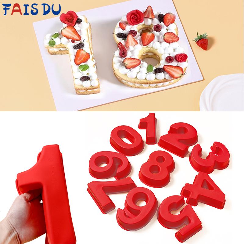 FAIS DU 10 Inch 0-9 Numbers Shape Cake Mold Digtial Shape 3D DIY Fondant Chocolate Molds Silicone Cake Pan Cake Decoration Tools