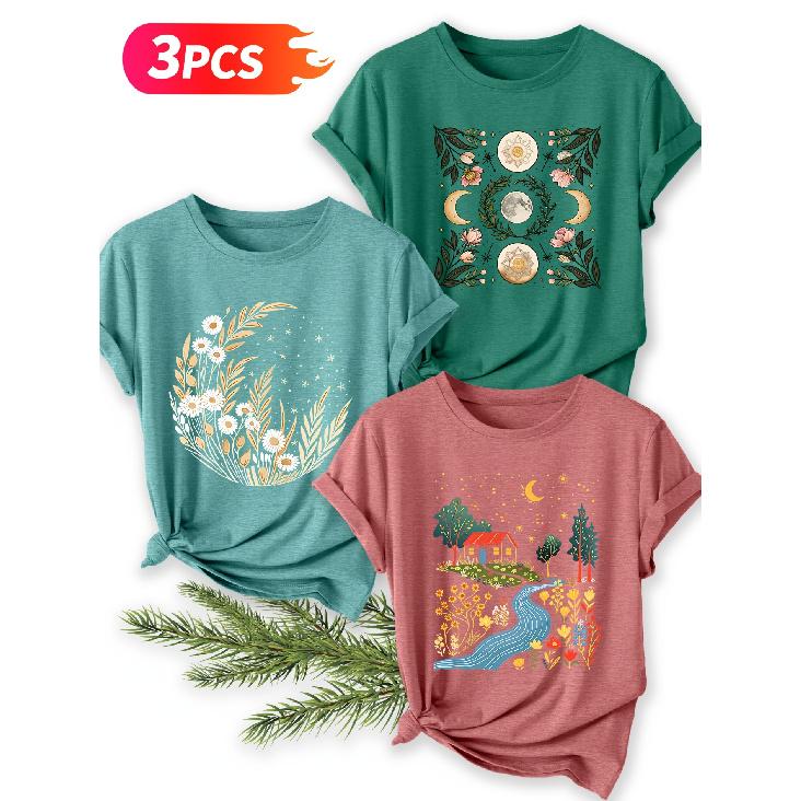 Three-piece Set Starry Moon Countryside Scenery Printed Pattern Short Sleeve Vintage Round Neck T Fresh and Natural Style Loose-fitting Shirt 2026