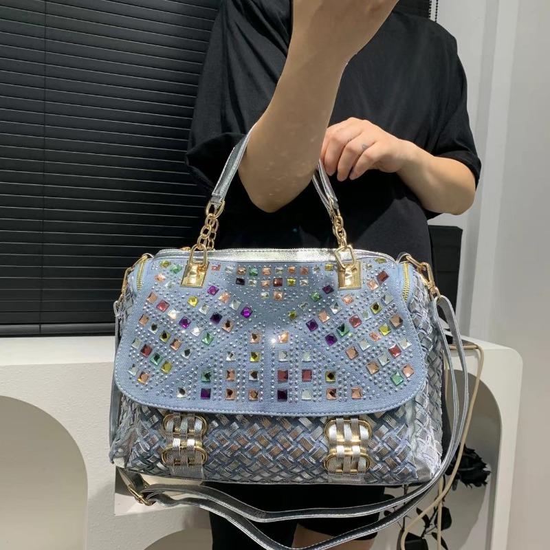 

Женская джинсовая плетеная сумка модная большая вместительная сумка через плечо с бриллиантами