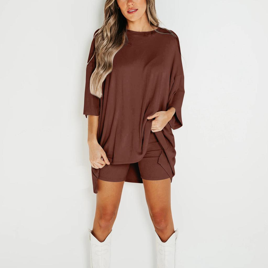 Women's Summer 2-Piece Round Neck Short Sleeves Drop Shoulder Big Kids Top And Bar Skinny Yoga Biker Shorts Set