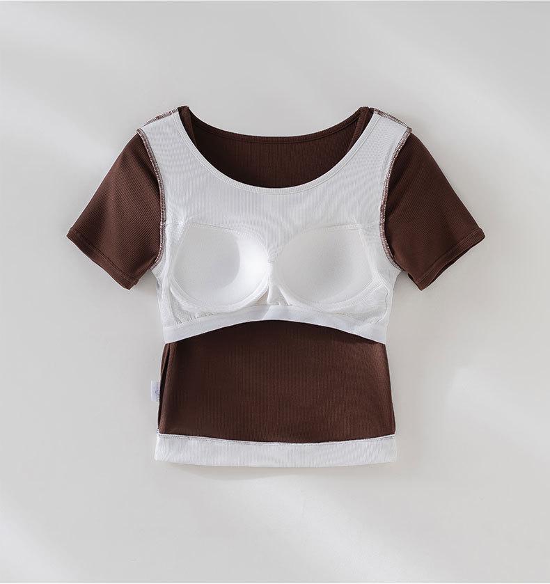 Women's Spring/Summer Color Block Yoga Vest: White, Fake Two-Piece, Short Sleeve, Loose Slim Fit