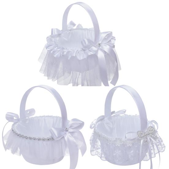 Blomsterkurv Elegant Romantisk Innlagt Rhinestone Mini Hvit Bryllup Brudepike Håndholdt Blonder Blomsterkurv Sceneoppsett Rekvisitt