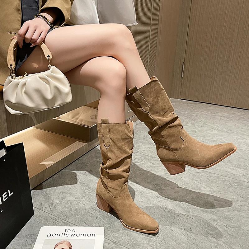 Fashion New Women's Retro Long Boots for Spring Fashion, Suede Midsole Stacking Boots, Thick Heel Square Toe Oversized Denim Boots