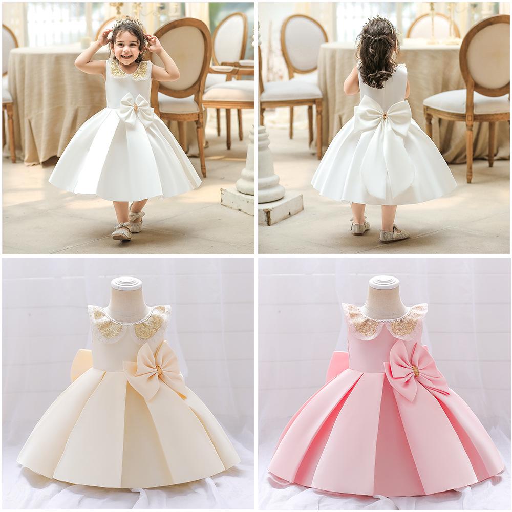 2025 Girls' Princess Formal Dress with Big Bow and Puffy Satin Skirt for Toddlers and Young Kids