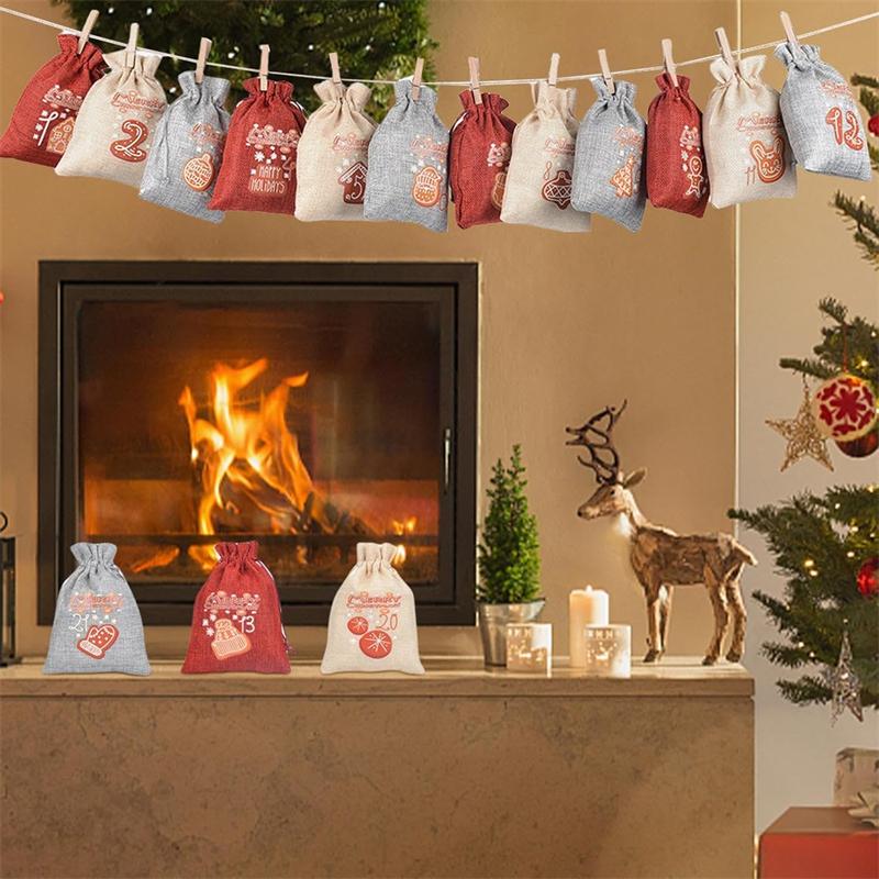 Christmas Advent Calendar Bags 24 Days Hanging Countdown Calendar Bags Christmas Drawstring Gift Bags