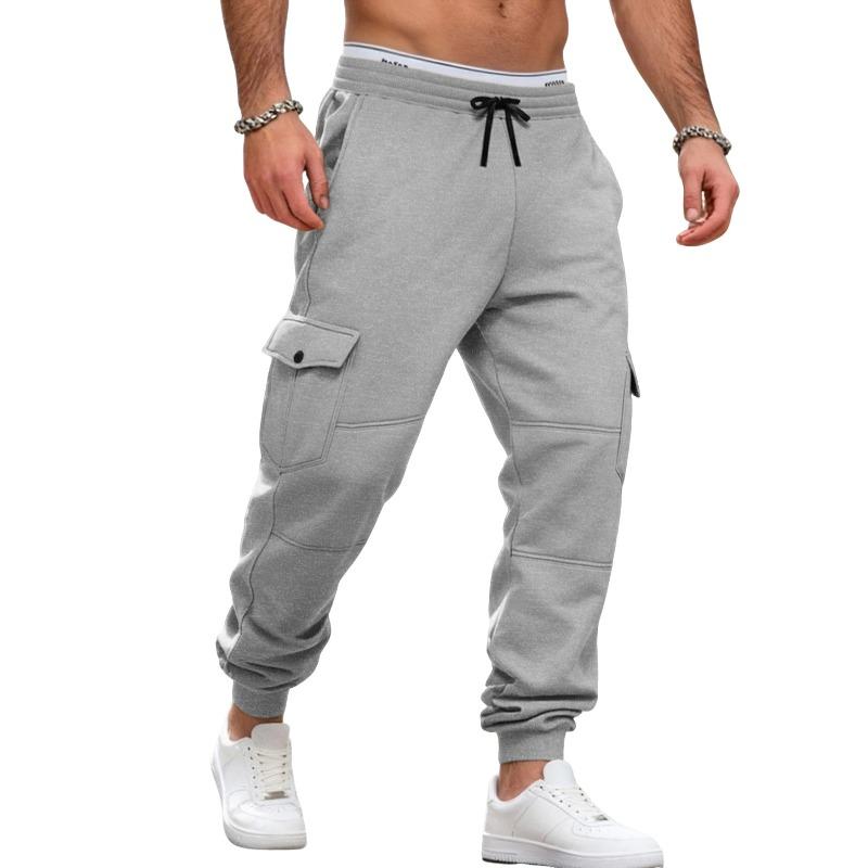 Autumn and Winter Fleece Men's Overalls Spliced Multi-pocket Drawstring Sports Casual Jogging Pants