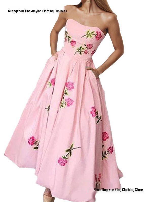 European American Women's Floral Square Neck Spring Dress with Slit