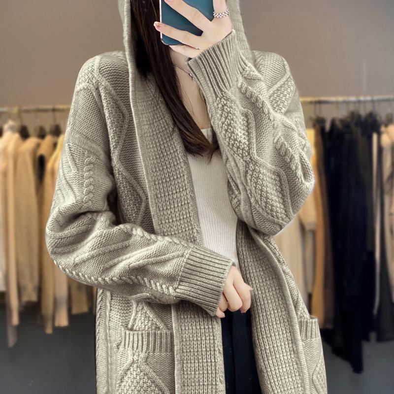 Women's Thick Hooded Mid-Length Knit Coat & Over-the-Knee Sweater Cardigan