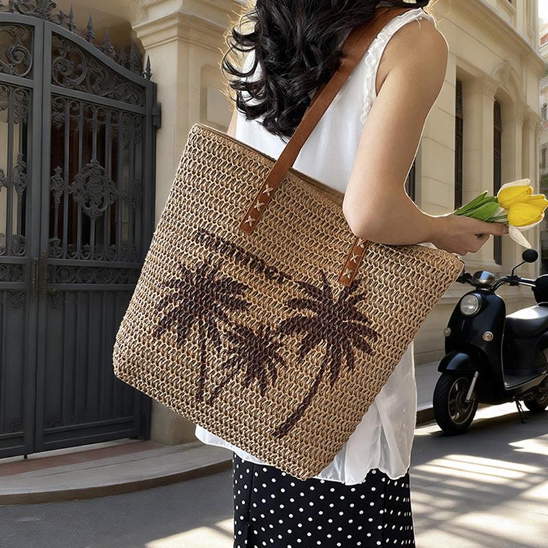 Summer Large Capacity Straw Beach Women's Tote Bags Coconut Tree Pattern Handbag Leather Strap Beach Shoulder Bag