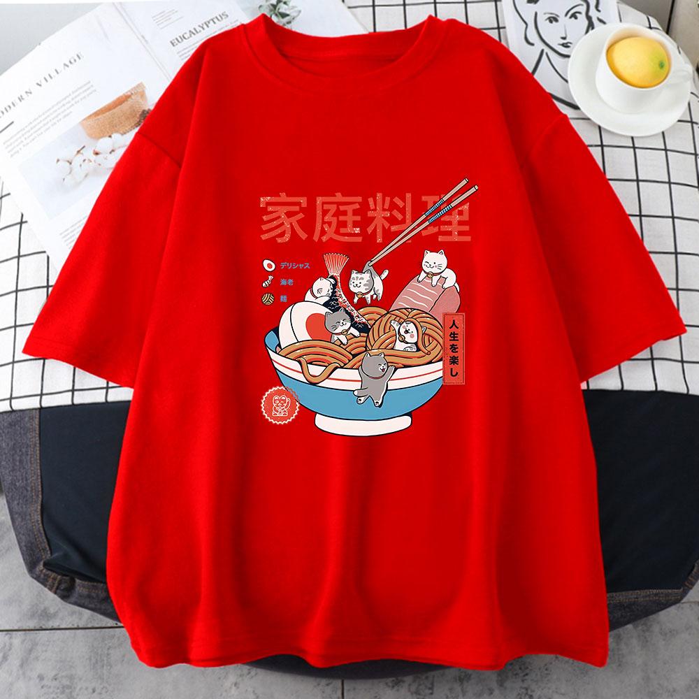 Ramen Cats Women Japanese Anime Characters T-shirts 100% Cotton Casual T Shirts Summer Harajuku Kawaii Clothing Slight Strech