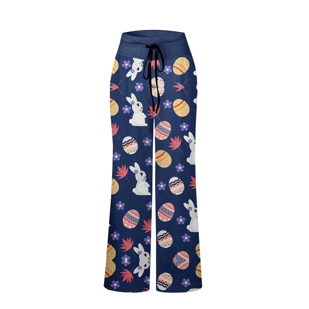Pantaloni de pijama confortabili de damă, cu imprimeu de Paște, buzunare mici, pantaloni largi cu șnur
