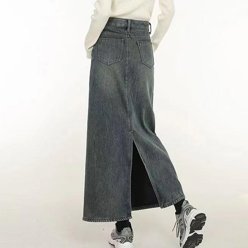 Fusta de blugi îngroșată din lână Vintage plus, iarnă, cu talie înaltă pentru slăbire, cu fantă peste genunchi, fustă într-un singur pas Fusta în formă de A