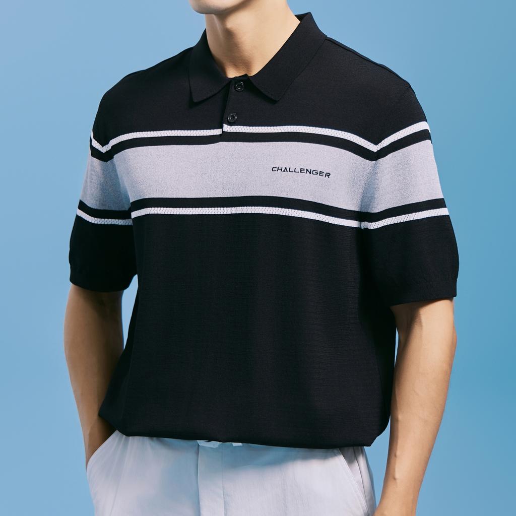 CHALLENGER Men'S Color Block Stripe Collared Knit Pullover Black
