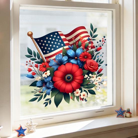 Patriotic Window Clings 4th of July America Flag Flowers Window Stickers for Independence Day Memorial Day Home Kitchen Decor