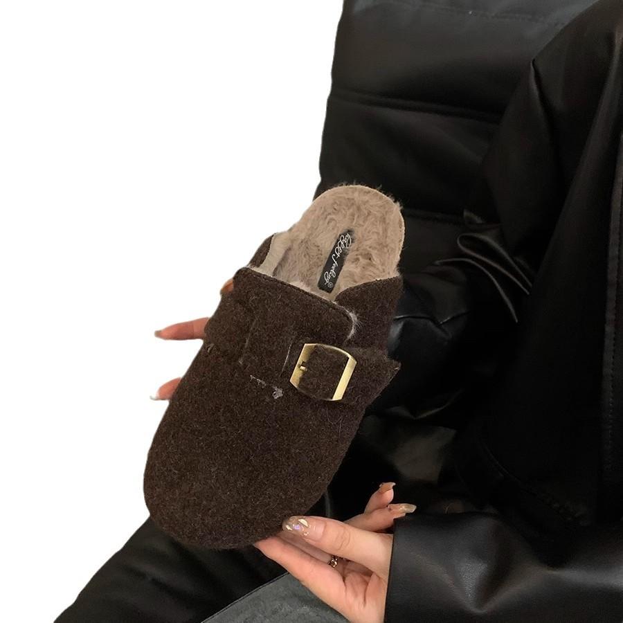 Thick-soled Fluffy Slippers Women's Winter Wear 2025 Mori Series Retro Boken Shoes Women's Velvet Lazy One-pedal Cotton Slippers