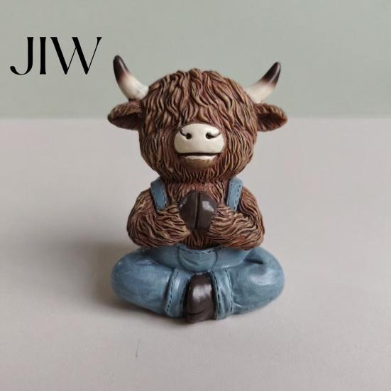 Pastoral Home Accents Yoga Highland Cow Resin Figurine, Farmhouse Style Overalls Statues, Waterproof Crafted Collectibles Garden Ornament for