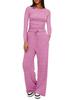 Solid Color Casual Long Sleeve Top and High Waist Wide Leg Pants Sportswear Set