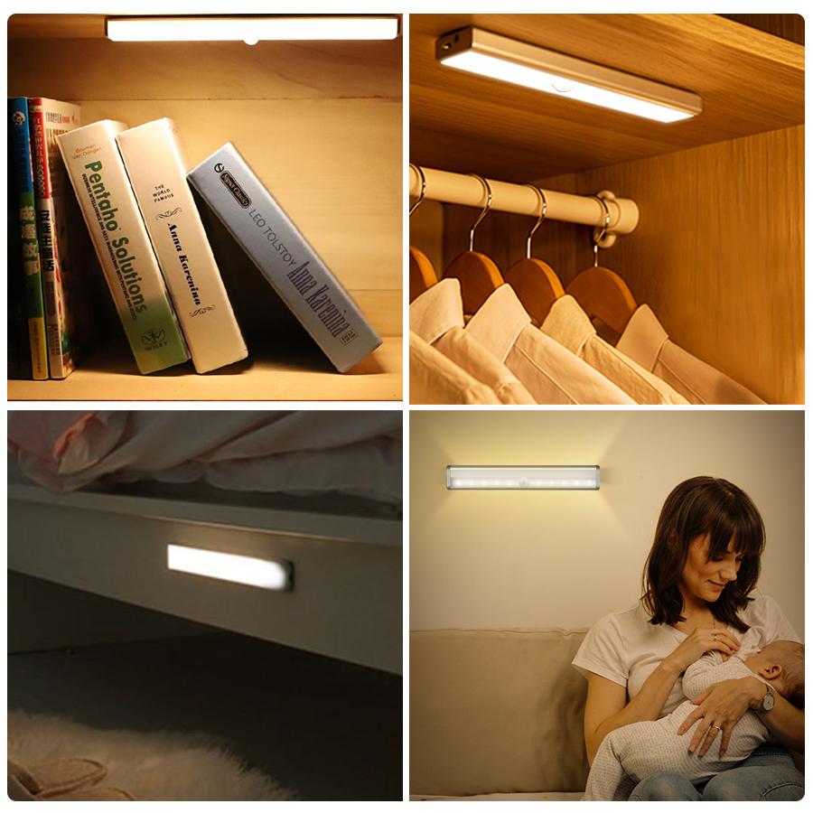 10LEDs Motion Sensor Cabinet Light Rechargeable Wardrobe Lamp Makeup Lights White Light For Bedroom Kitchen Washroom Lighting