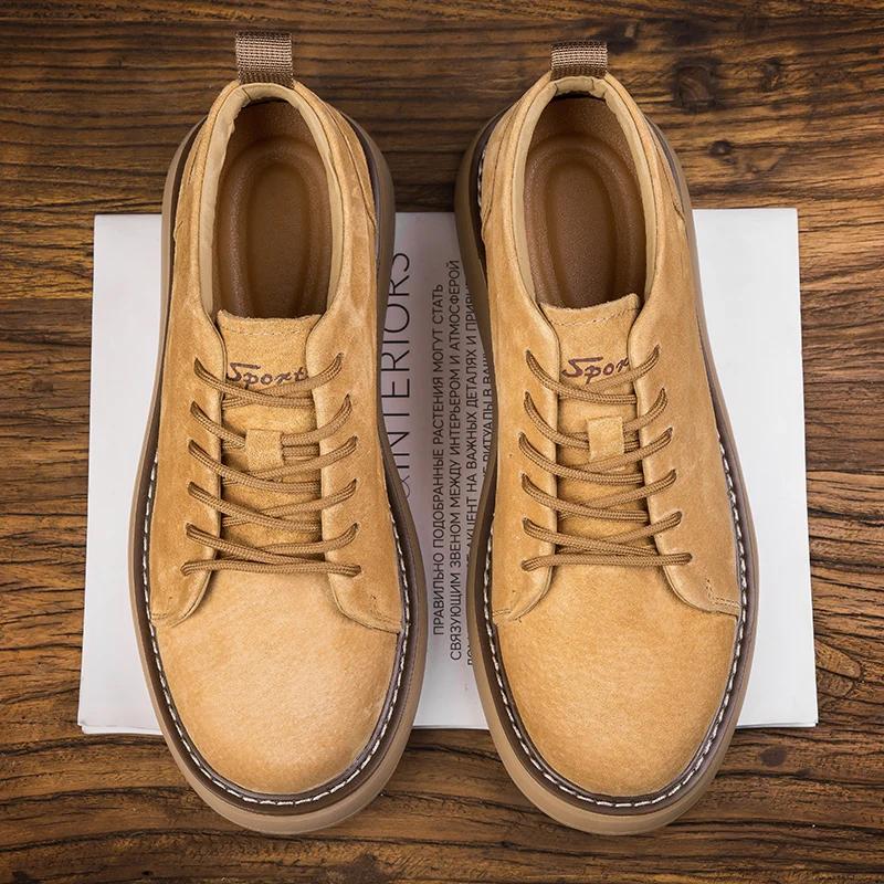 Men basic boots casual genuine leather boots comfy flat soled round toe classic lace-up oxford shoes breathable outdoor shoes