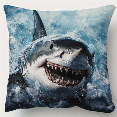 1pc Great White Shark Pillowcase - Realistic Shark Attack Ocean Design, Soft Short Plush Pillowcase with Zipper Closure, Single-Sided Print, 45.x45.cm