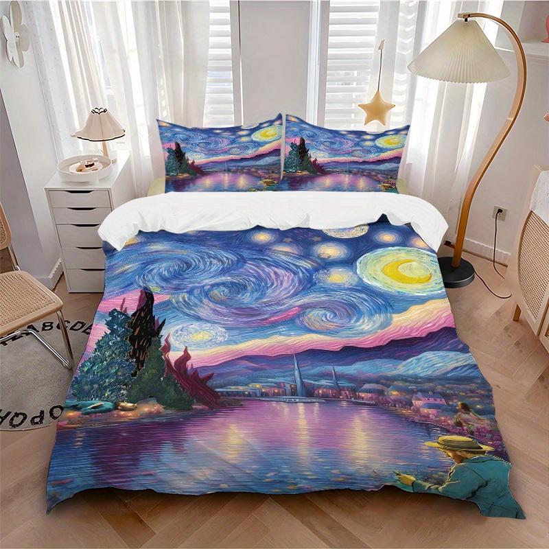3Pcs Van Gogh Inspired Printed Bedding Set, Breathable and Soft, Machine Washable, Christmas Gift, Suitable for Bedroom Decoration, 15140