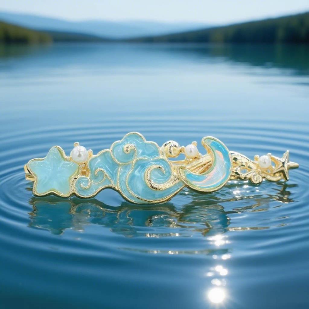 Dreamy Blue Fishtail Pearl Duckbill Clip for Fine Hair with Star Moon Design
