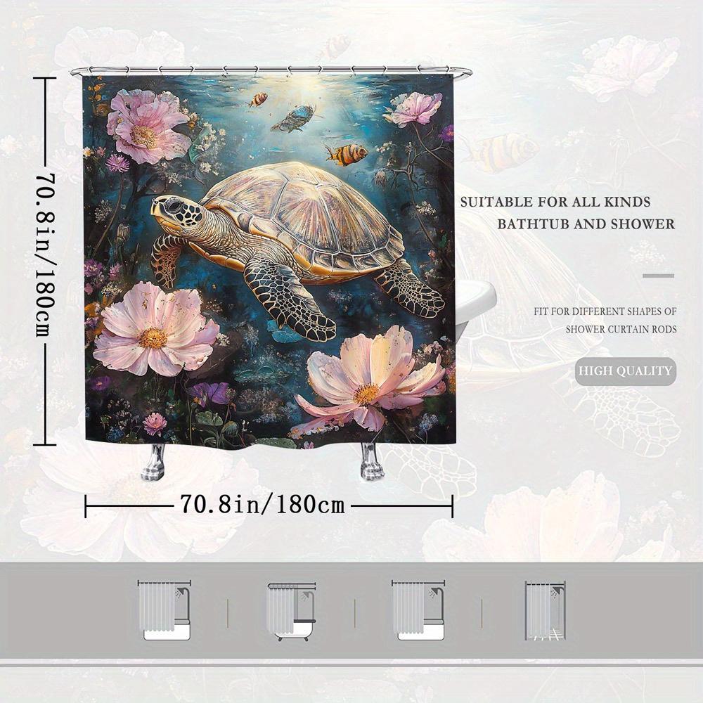 1Pc Sea Turtle & Floral Shower Curtain - Realistic Ocean Design, Pink & Purple Flowers, Coral Reef, Polyester,12 Hooks,Easy Care