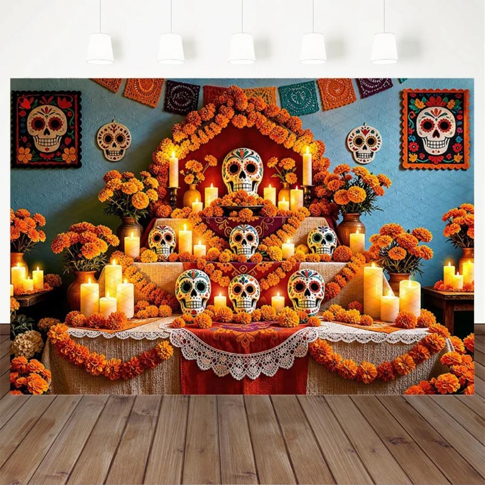 Mexican Sugar Skull Marigold Altar Theme Banner Decoration Background Halloween Party Home Decoration Photography Background