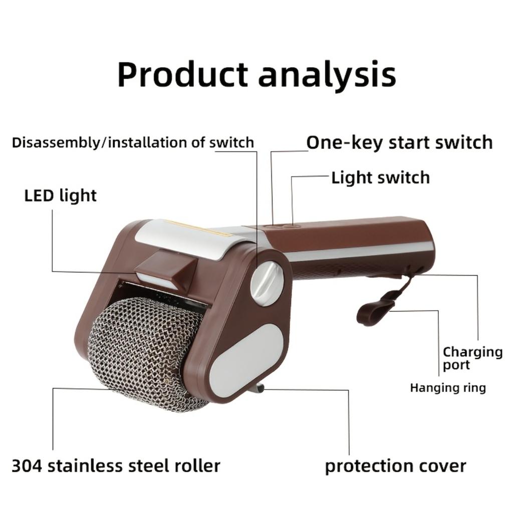 Rechargeable Wireless Electric BBQ Cleaning Brush, 304 Stainless Steel Detachable Roller Brushless Outdoor Barbecue Grease Remover Too